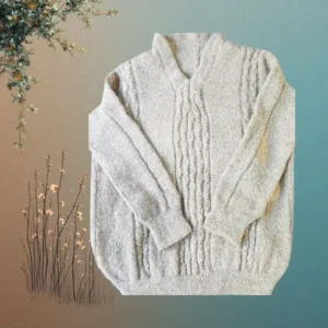 Men's handcrafted light grey wool sweater, pure natural fiber, knitted by Chitrali artisans, fair-trade ethical mountain heritage wear