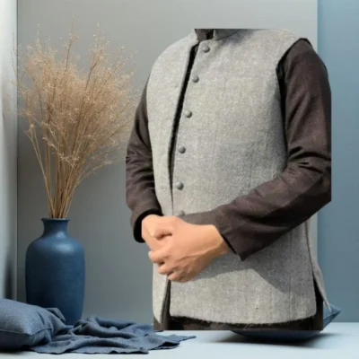 Traditional Chitrali woolen waistcoat — Light Grey — handmade sustainable vest