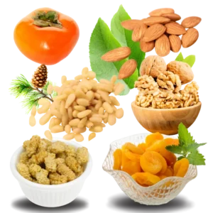 Kalash Organics' "Organic Premium Package" —six luxury organic superfoods: Chilgoza pine nuts, walnut kernels, apricot kernels, apricot slices, mulberry, and persimmon from Chitral's Hindu Kush valleys