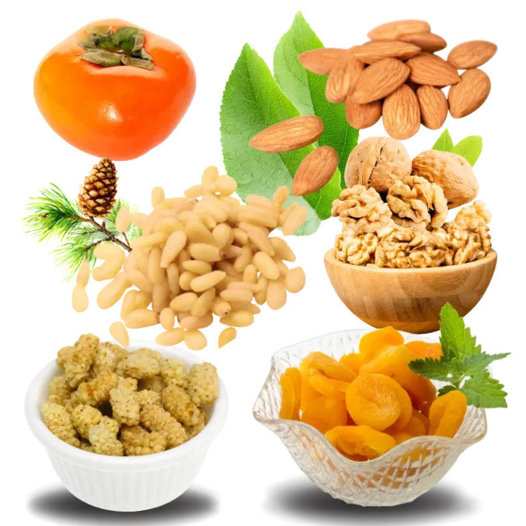 Kalash Organics' "Organic Premium Package" — four luxury organic superfoods: walnut kernels, apricot kernels, apricot slices, and mulberry, from Chitral's Hindu Kush valleys
