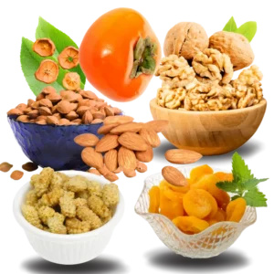 Kalash Organics Organic Family Package—five organic superfoods beautifully arranged: walnut kernels, apricot kernels, apricot slices, mulberry, and persimmon from Chitral's mountain valleys