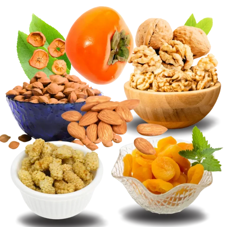 Kalash Organics Organic Family Package—four organic superfoods beautifully arranged: walnut kernels, apricot kernels, apricot slices, and mulberry from Chitral's mountain valleys