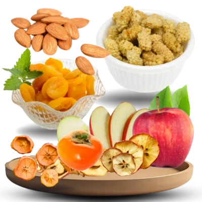 Kalash Organics' "Organic Starter Package" — five organic dried fruits: apricot kernels, apricot slices, mulberry, persimmon, and apple slices from Chitral and Kalash valleys