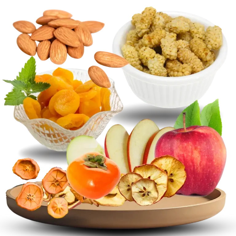 Kalash Organics' "Organic Starter Package" — four organic dried fruits: apricot kernels, apricot slices, mulberry, and apple slices from Chitral and Kalash valleys