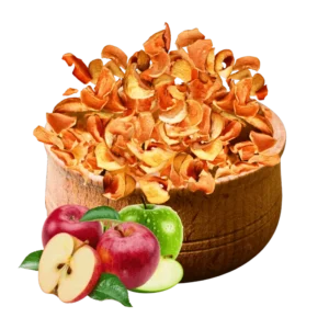 Organic sun-dried apple slices from Chitral—golden-brown apple rings in rustic wooden bowl, hand-picked and naturally sun-dried from Hindu Kush valleys, fair trade and chemical-free