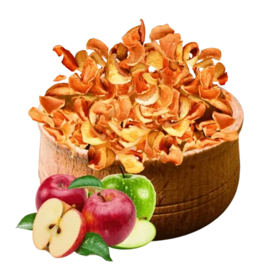 Organic sun-dried apple slices from Chitral—golden-brown apple rings in rustic wooden bowl, hand-picked and naturally sun-dried from Hindu Kush valleys, fair trade and chemical-free