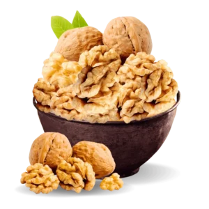Kalash Organics Organic Mountain Walnuts (Akhrot Giri)—premium walnut kernels in a bowl, hand-picked from Chitral's glacier-fed mountain valleys, fair-trade and 100% organic