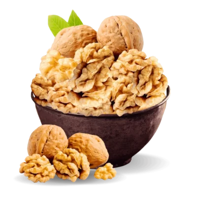Kalash Organics Organic Mountain Walnuts (Akhrot Giri)—premium walnut kernels in a bowl, hand-picked from Chitral's glacier-fed mountain valleys, fair-trade and 100% organic